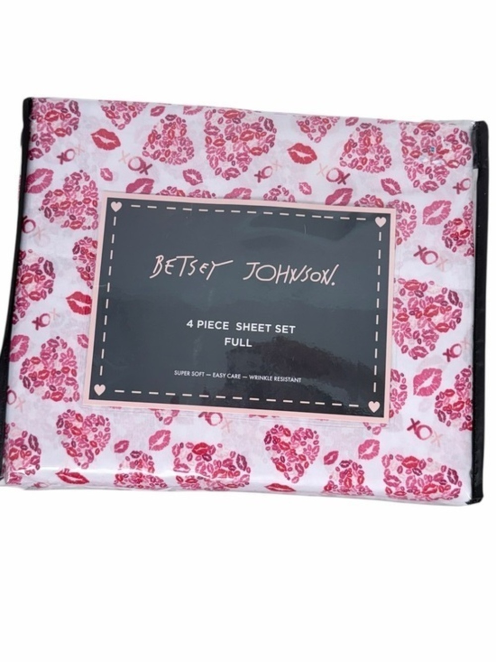 Betsey Johnson Full Sheet Set Lipstick Kiss Hearts Pink  Bedding 4 Piece